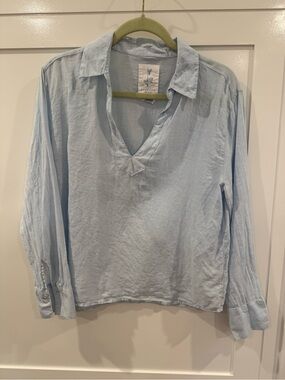 Light Blue Linen-Blend V-Neck Shirt